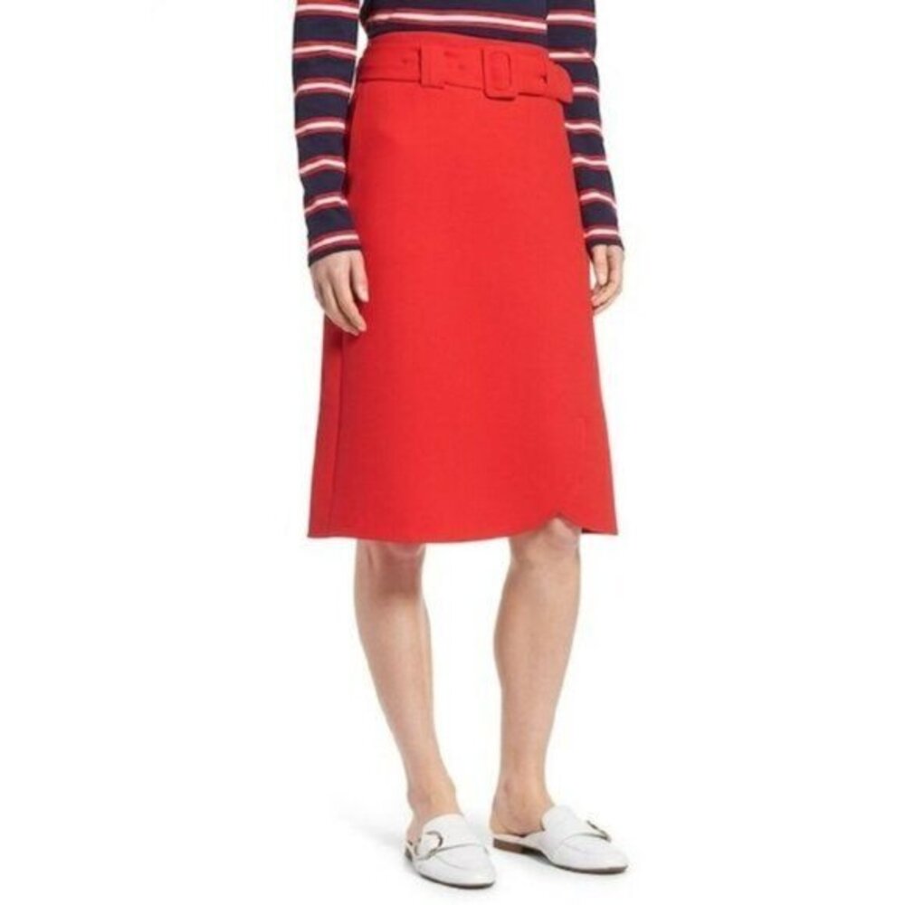 HALOGEN Skirt Red A Line Midi Belted Preppy Skirt Sz 8 P NEW